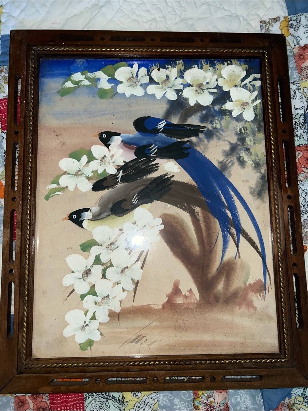 Vintage MCM Watercolor painting Japanese birds framed 17” x 14”